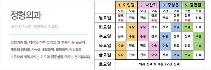 정형외과 팔, 다리와 척추 그리고 그 부속기 등 근골격 계통의 형태와 기능을 내외과적, 물리학적 방법으로 보존하며 회복시키는 고도의 전문성을 요하는 분야입니다. 